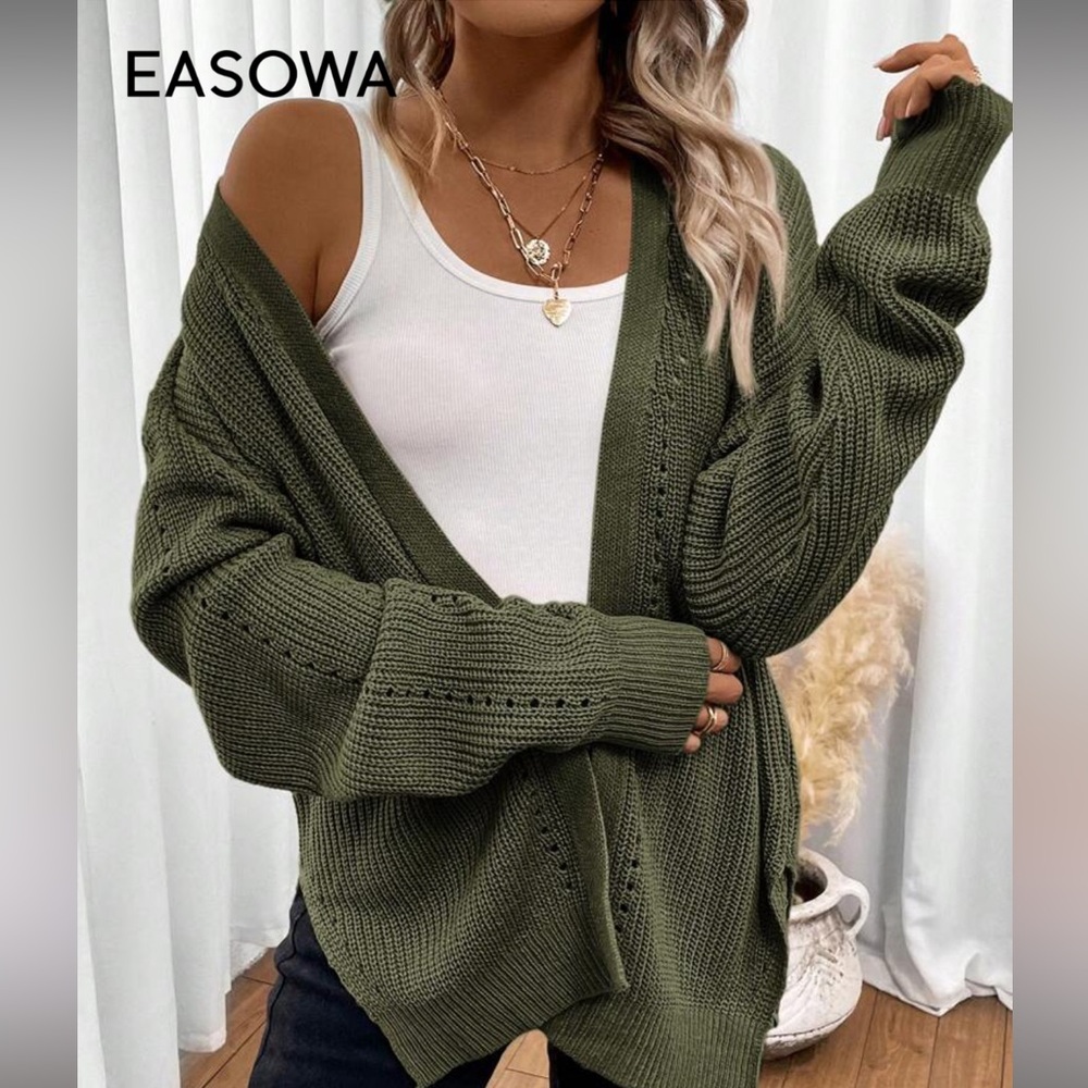 SHEIN Olive Green Open-Front Knit Cardigan